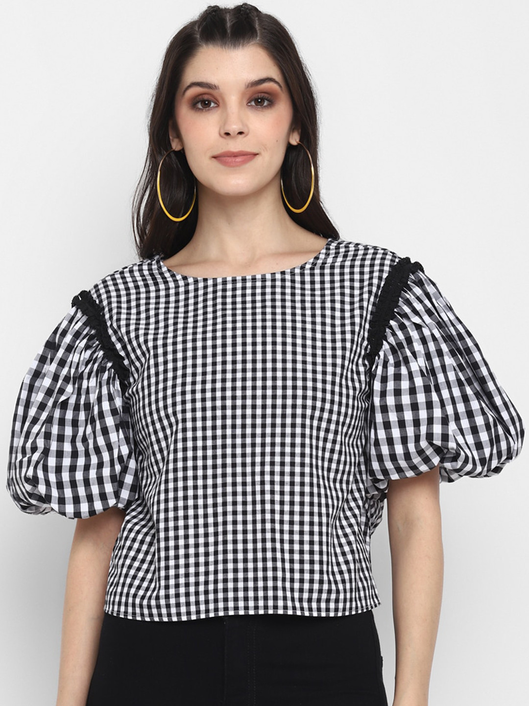 BLANC9 Black & White Checked Puff Sleeves Monochrome Pure Cotton Styled Back Top