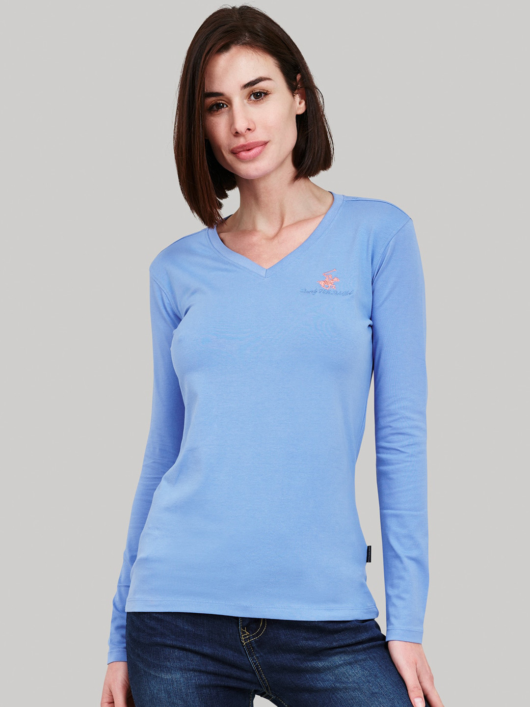 Beverly Hills Polo Club Women Blue Self Design V-Neck T-shirt