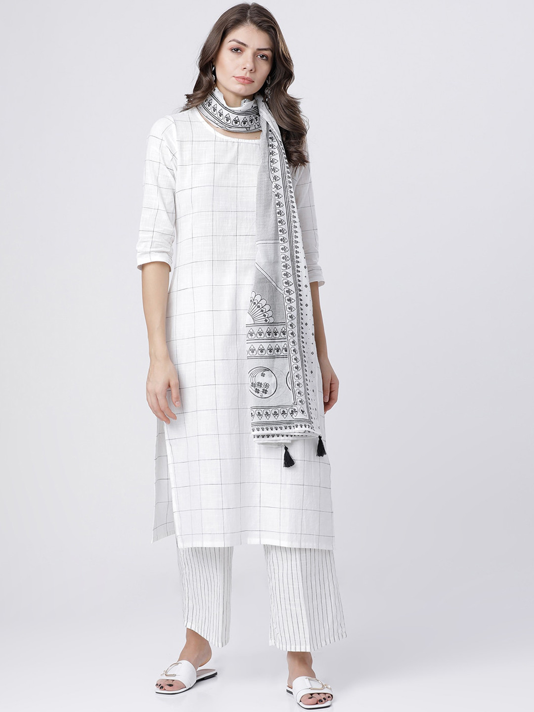 Vishudh Women Off-White Checked Kurta with Palazzo and Dupatta