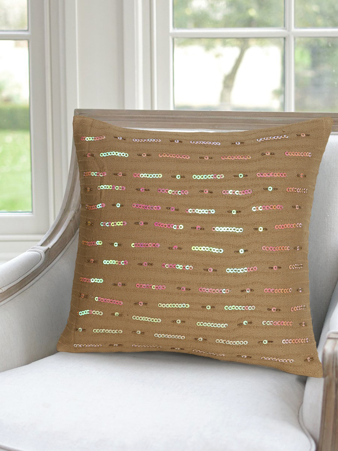 Mezposh Beige & Pink Set of Single Embellished Square Cushion Covers