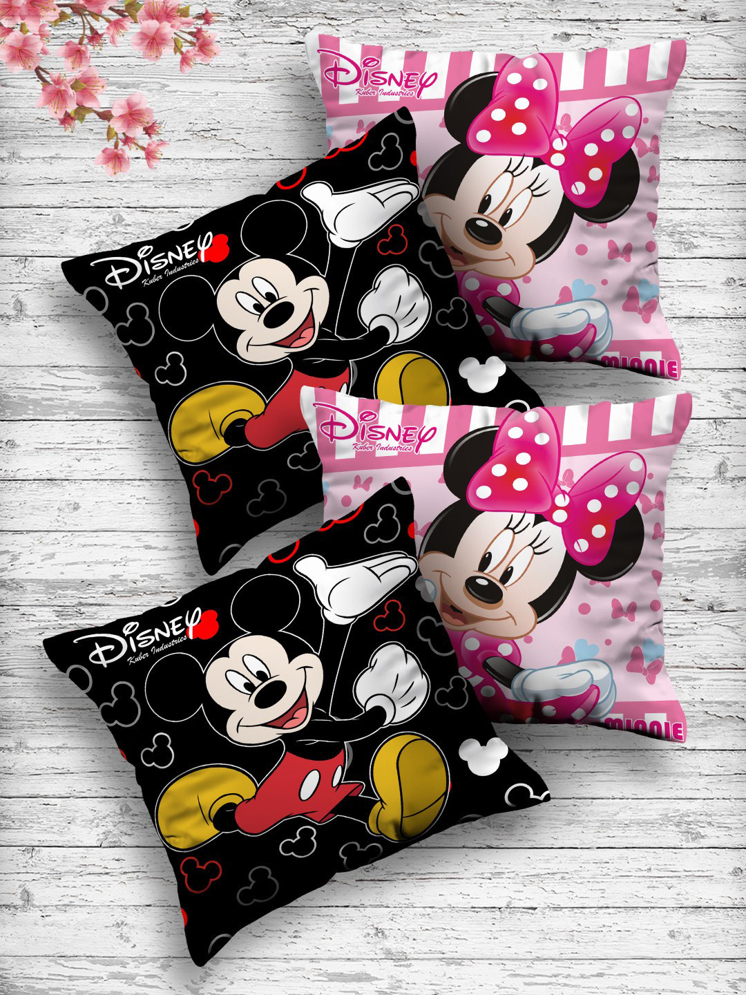 Kuber Industries Set Of 4 Black & Pink Disney Printed Reversible Cushions