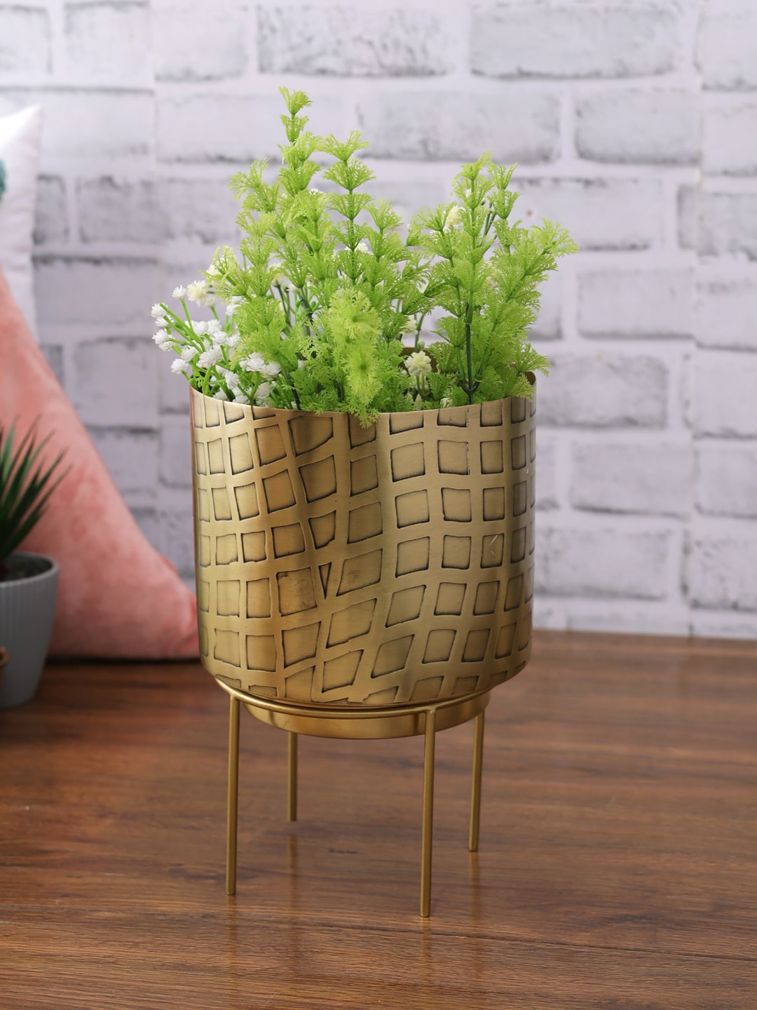 HomeTown Gold-Toned Desk Metal Planter with Stand