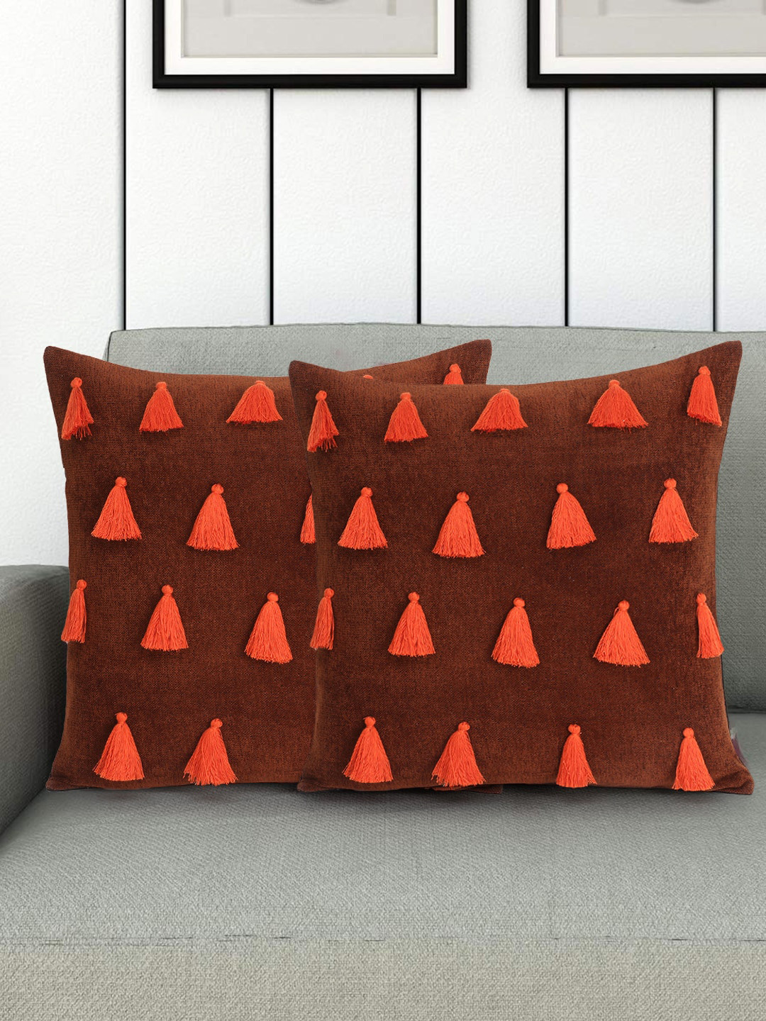 Mezposh Rust Set of 2 Self Design Square Cushion Covers