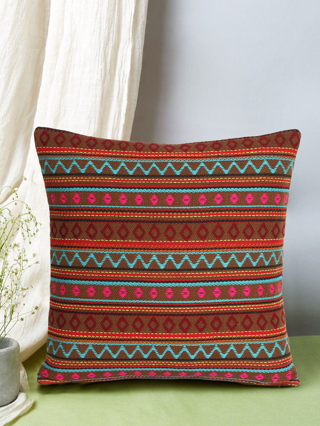 Mezposh Brown & Blue Set of Single Ethnic Motifs Square Cushion Covers