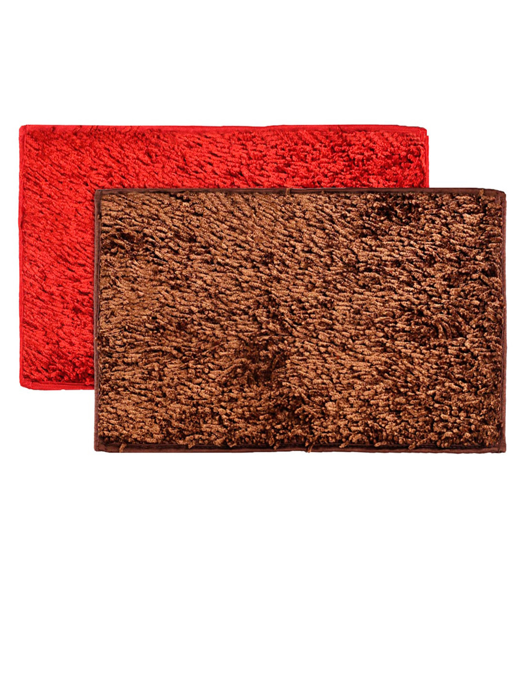 Kuber Industries Set Of 2 Red & Brown Solid Shaggy Anti-Skid Doormats