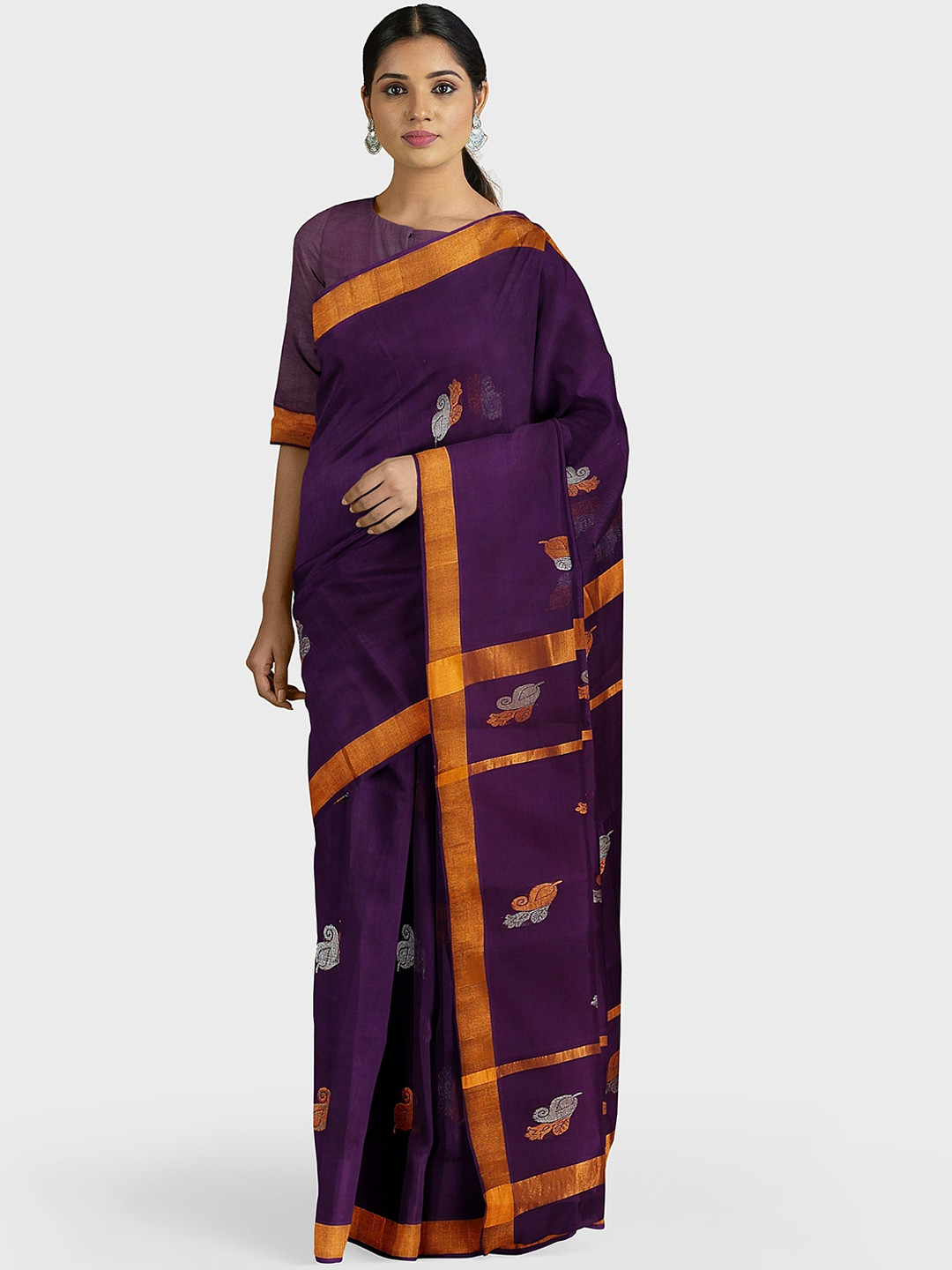 APCO Purple & Gold-Toned Pure Cotton Woven Design Saree