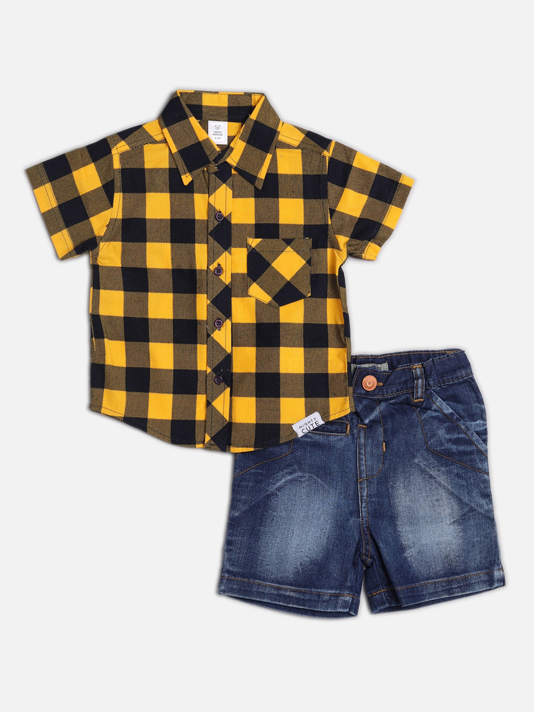 TOFFY HOUSE Boys Yellow & Navy Blue Checked Shirt with Shorts