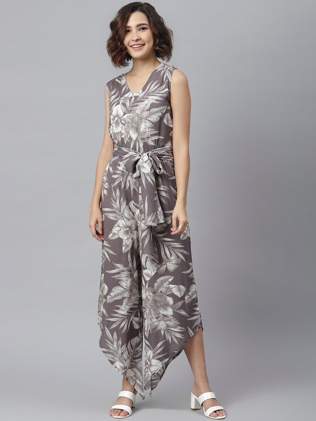 StyleStone Women Grey & Off-White Printed Culotte Jumpsuit