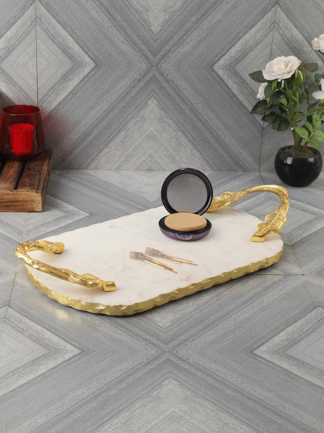 NikkisPride Gold Toned White Serving Tray With Handle