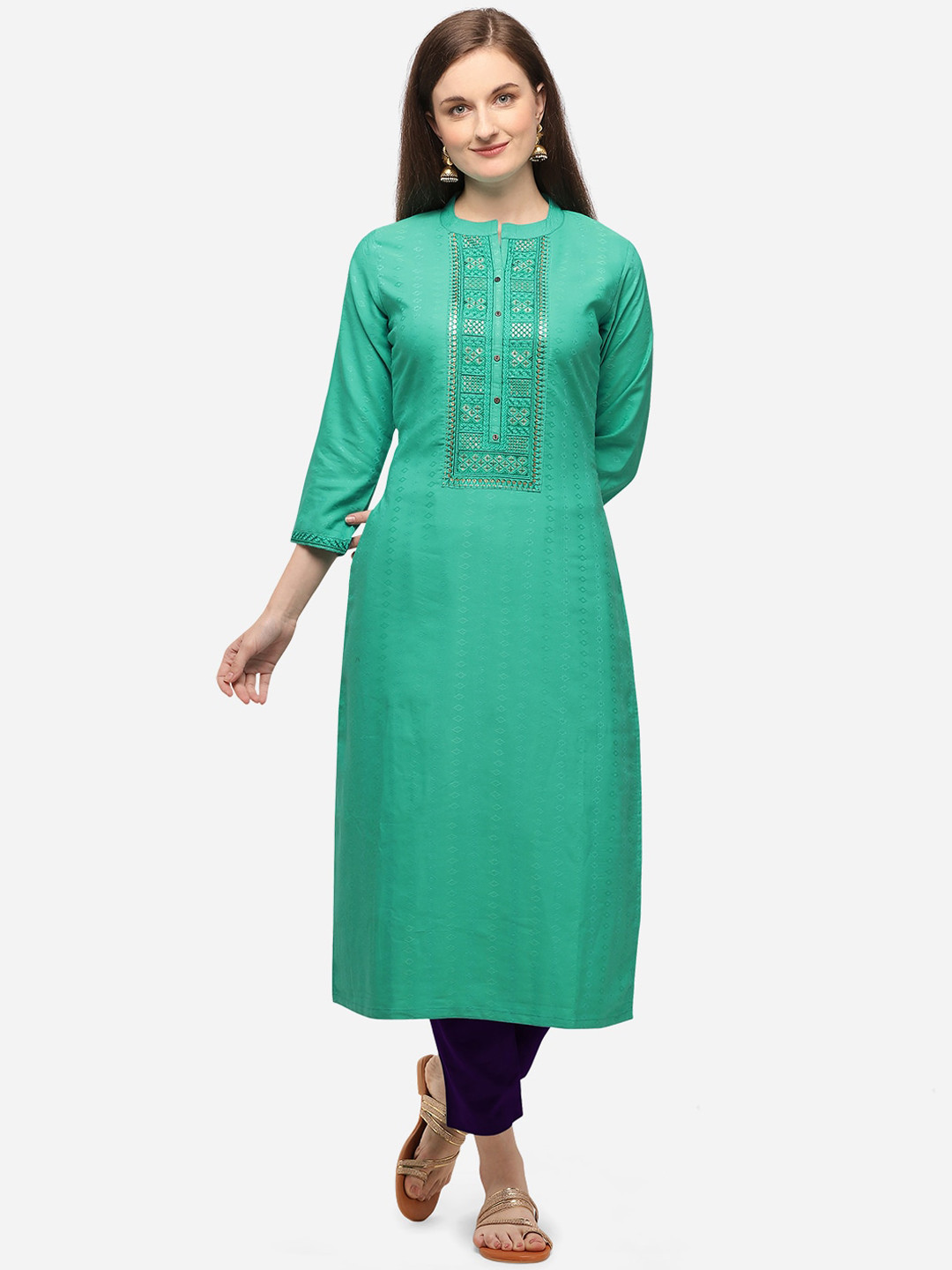 SheWill Women Sea Green & Gold-Toned Ethnic Motifs Embroidered Sequins Kurta