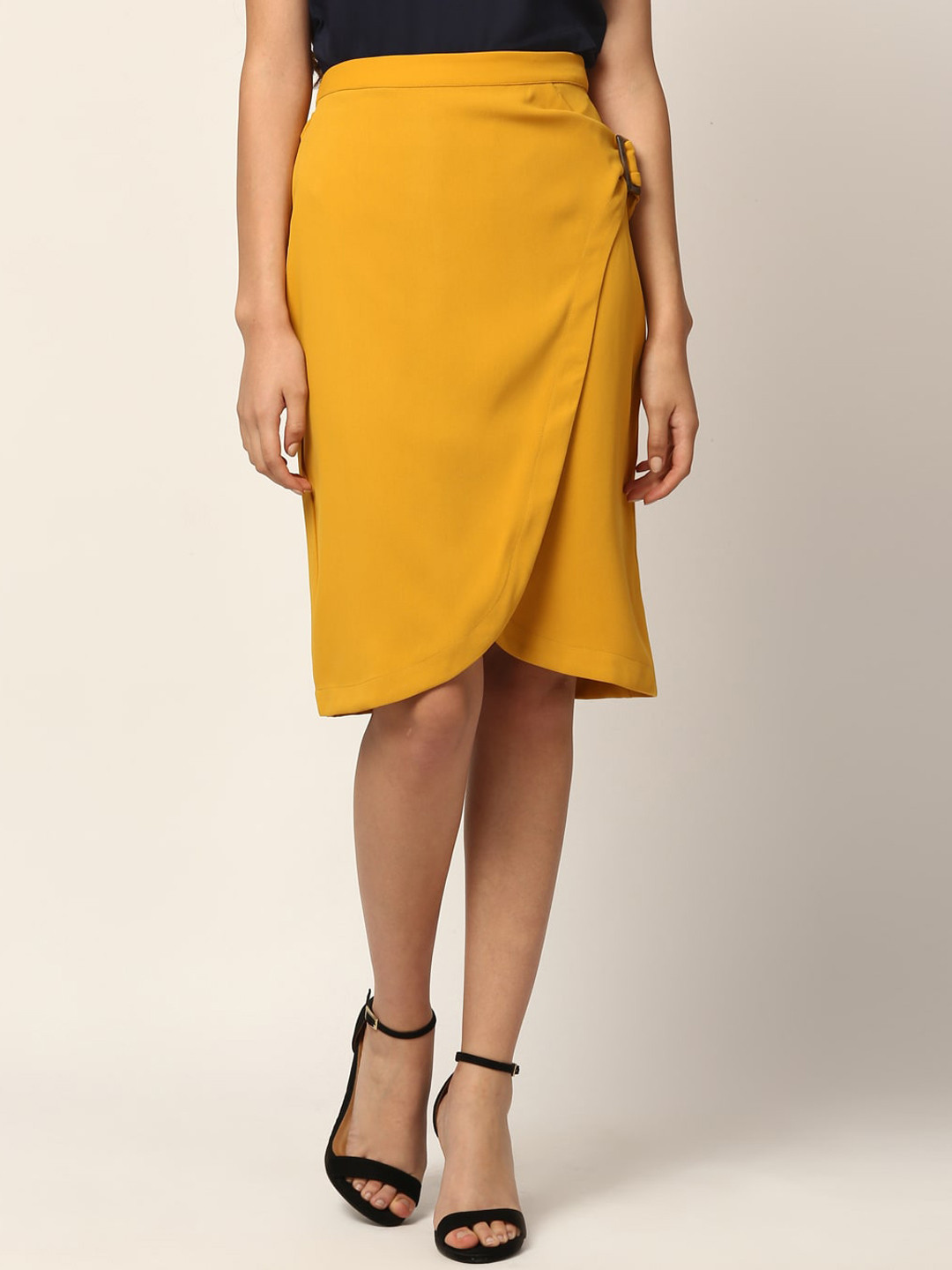 ZOELLA Women Mustard Yellow Solid Tulip Knee-Length Skirt