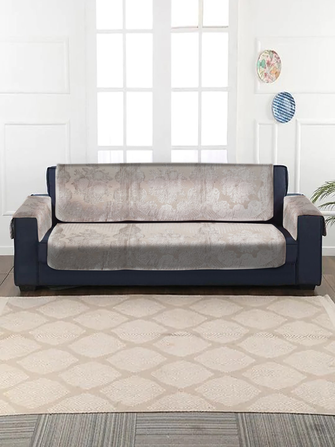 HOSTA HOMES Grey & Beige Velvet Self Embossed 5 Seater Sofa Cover