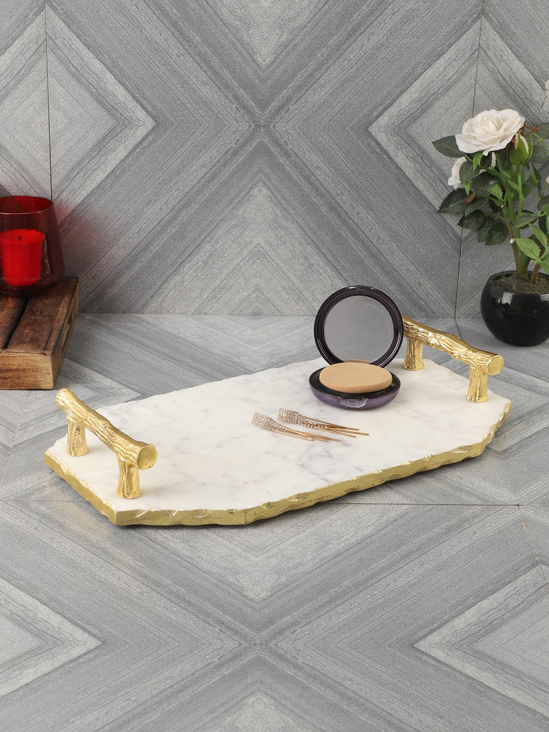 NikkisPride Gold Toned White Foil Work Serving Tray With Handle