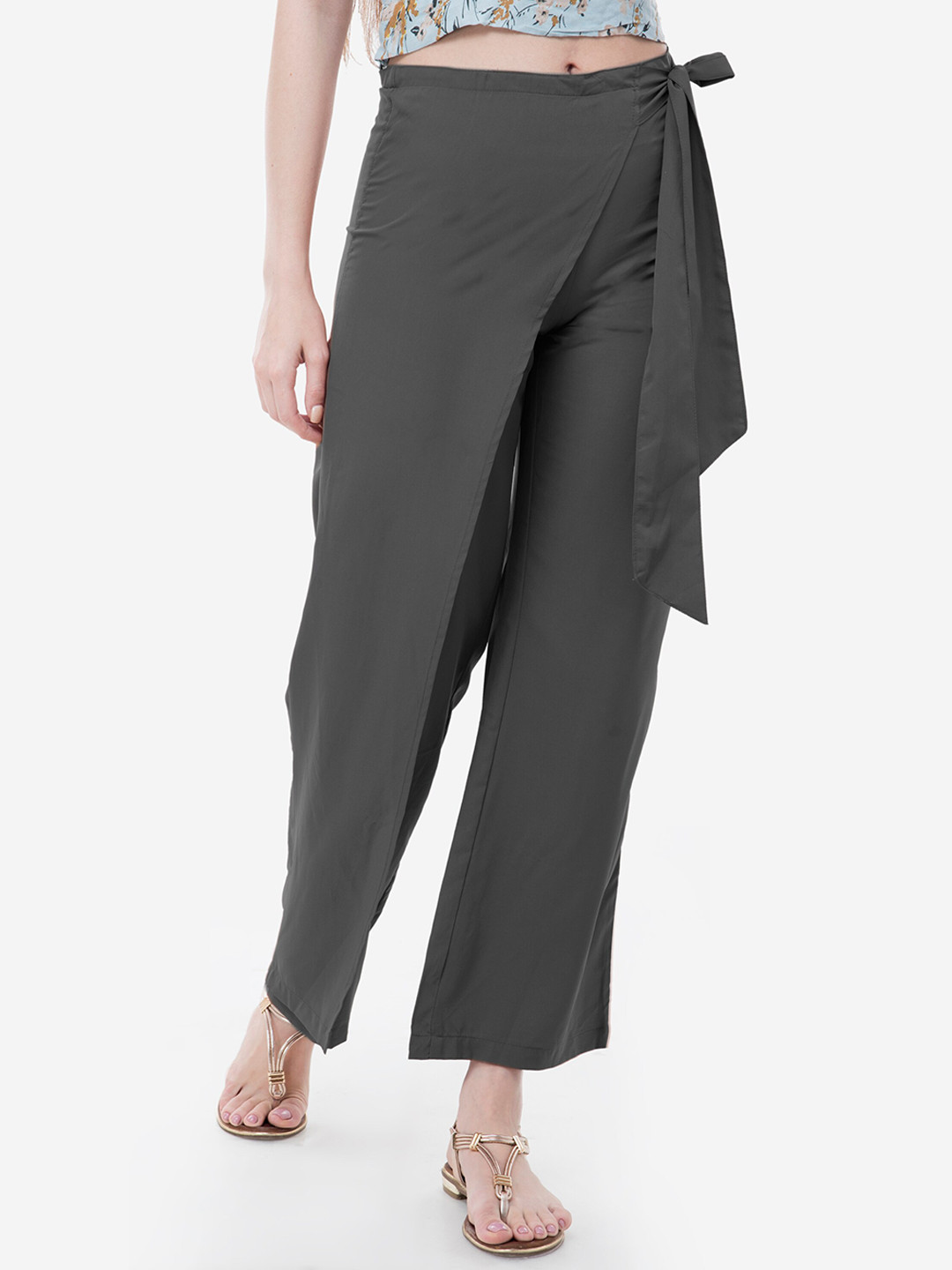 V&M Women Grey Regular Fit Solid Parallel Wrap Trousers