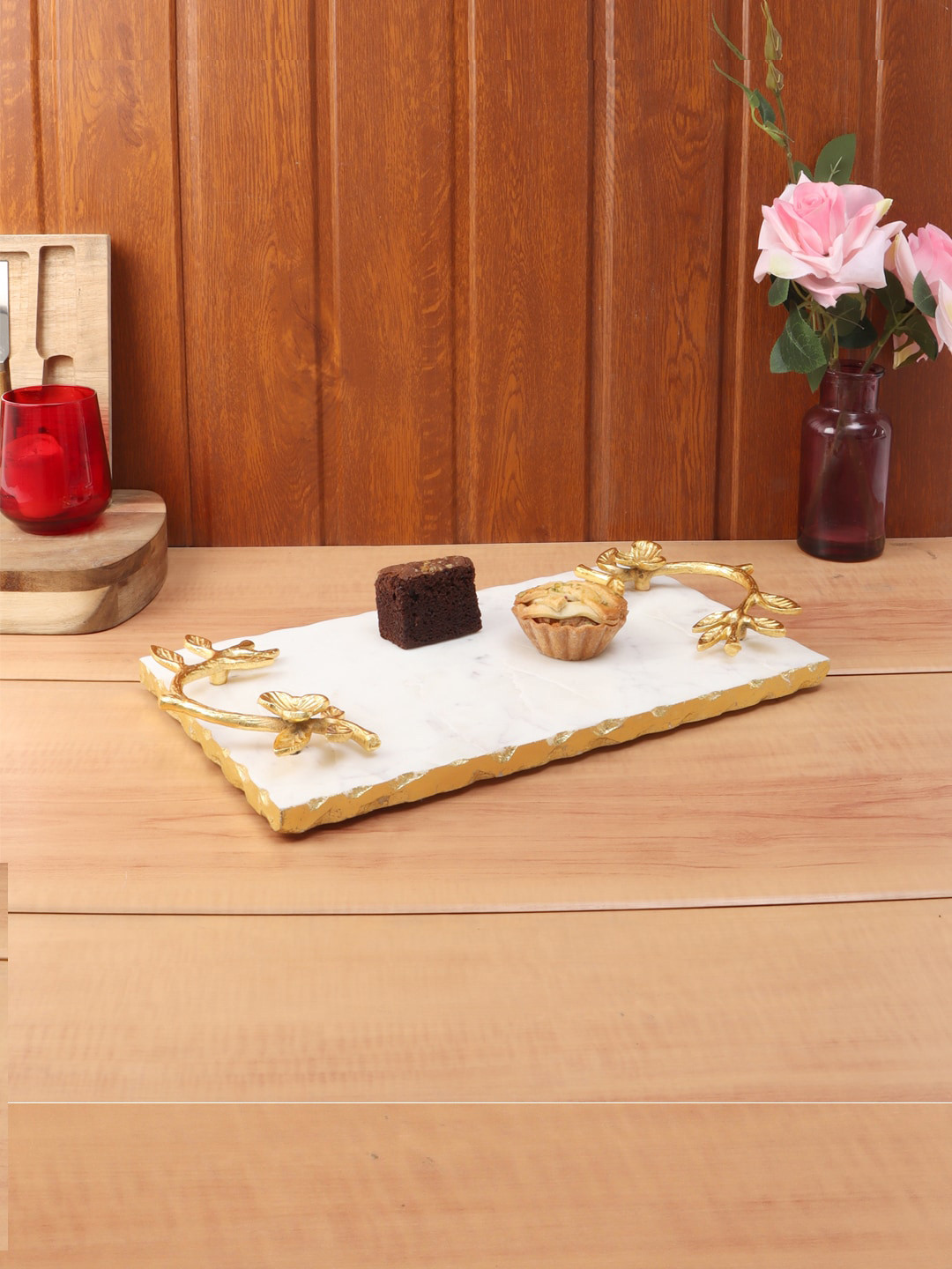 NikkisPride Gold Toned White Foil Work Serving Tray With Handle