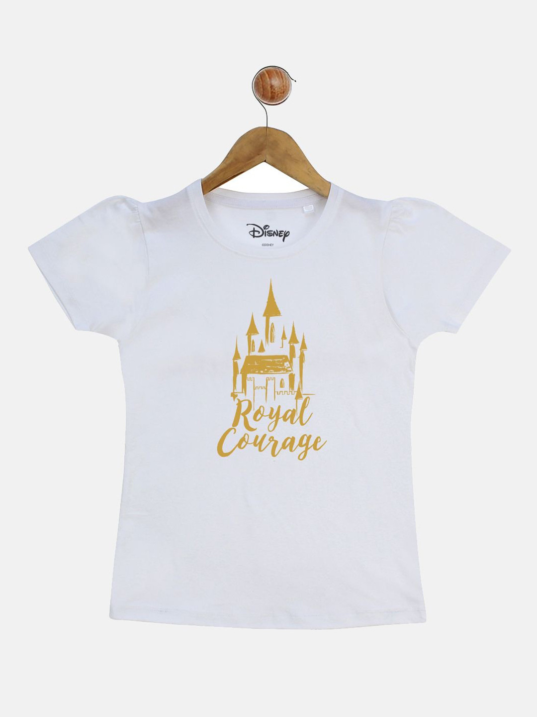 YK Disney Girls White Disney Princess Print Round Neck Cotton Pure Cotton T-shirt