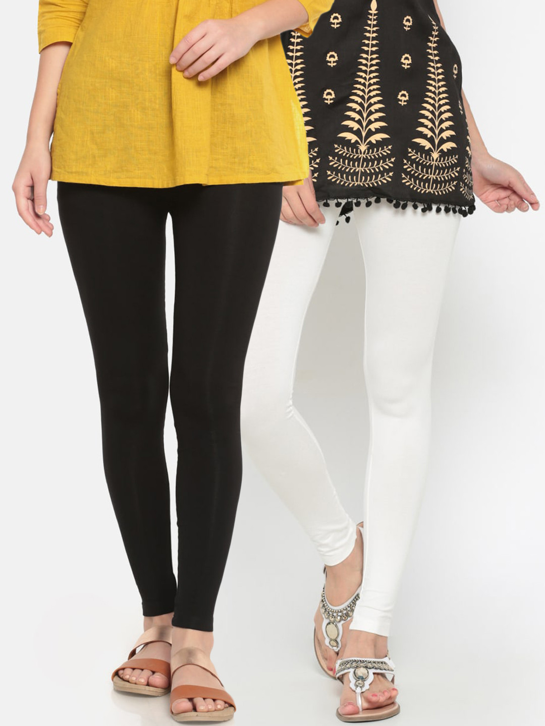 De Moza Women Pack Of 2 Black & Off White Solid Ankle-Length Leggings
