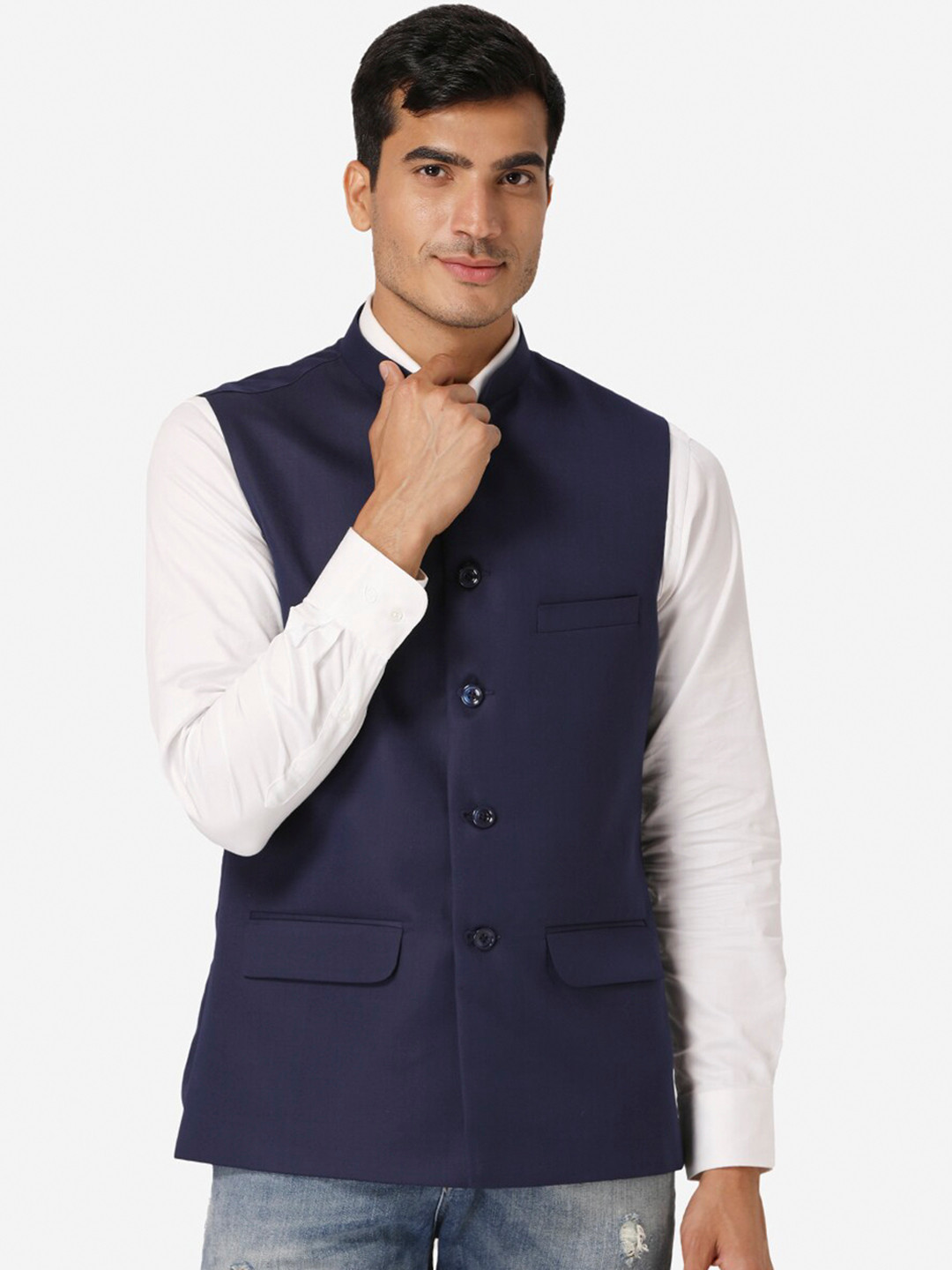Wintage Men Navy Blue Solid Satin Nehru Jacket