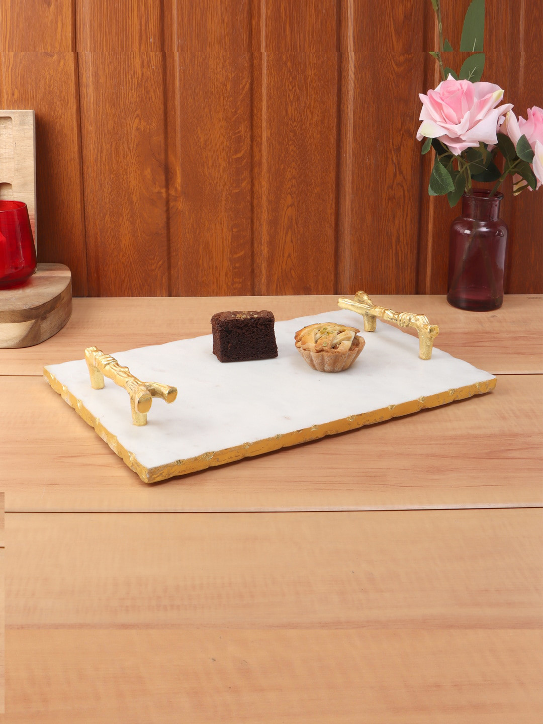 NikkisPride Gold Toned White Foil work Serving Tray With Handle