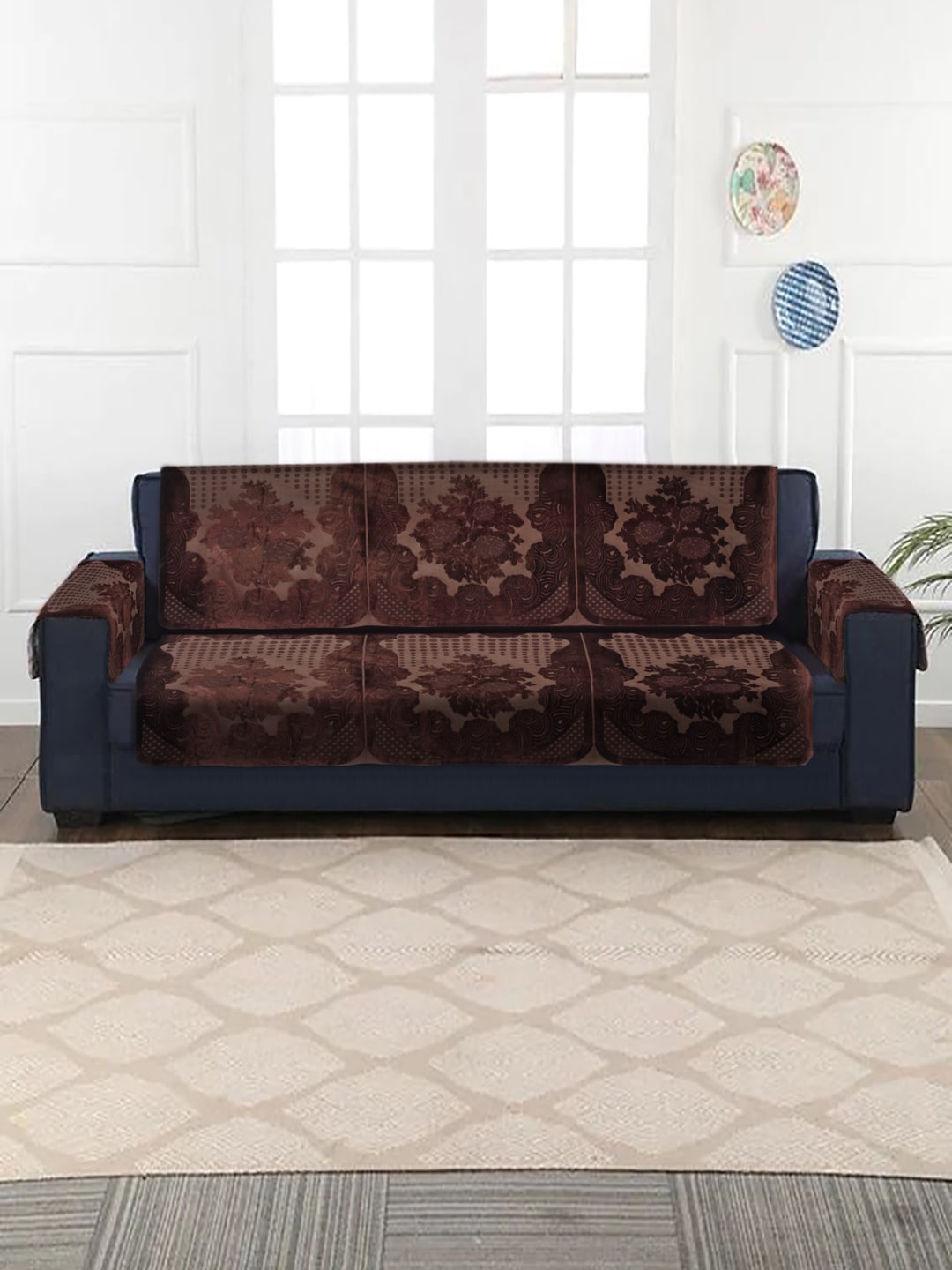HOSTA HOMES Brown Self Embossed Jacquard Velvet 5 Seater Sofa Cover