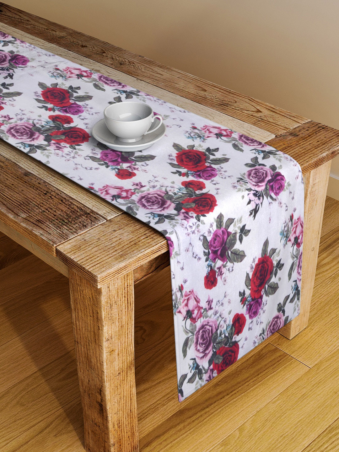 Alina Decor White & Red Floral Table Runner