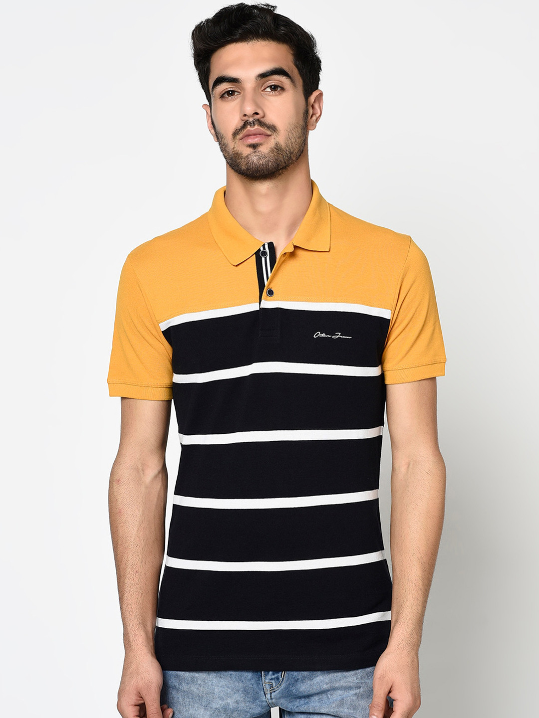 Octave Men Yellow & Black Striped Polo Collar T-shirt
