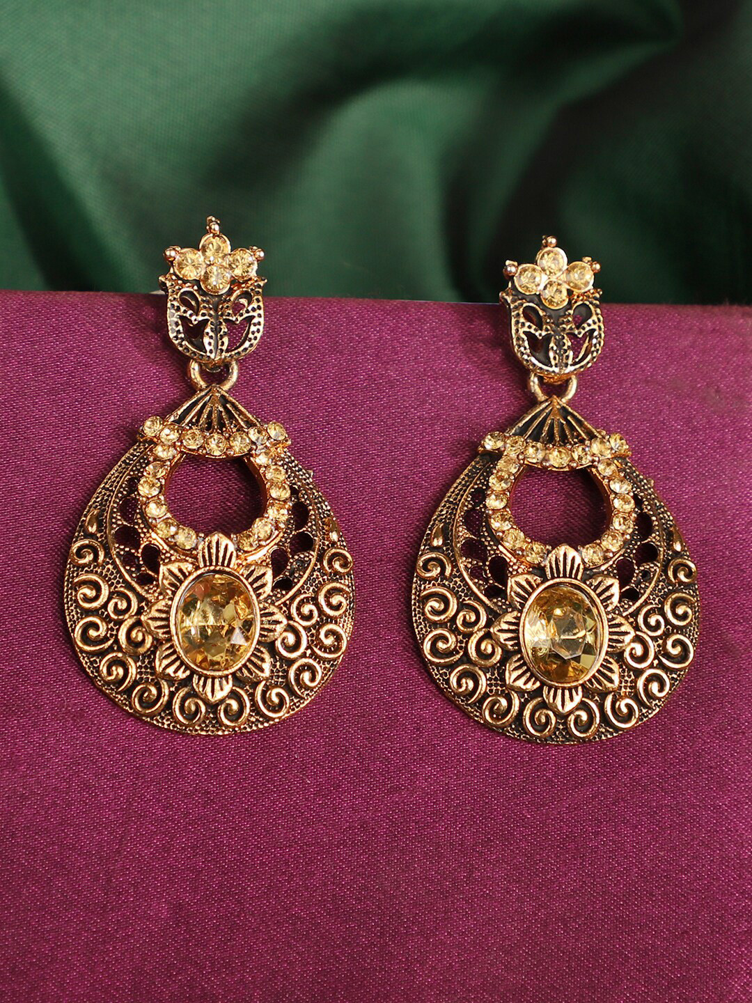 ANIKAS CREATION Gold-Plated Antique Oval Drop Earrings