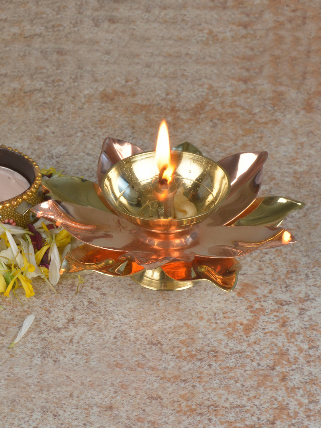 StyleMyWay Gold-Plated Lotus-Shaped Pooja Diya Candle Holder