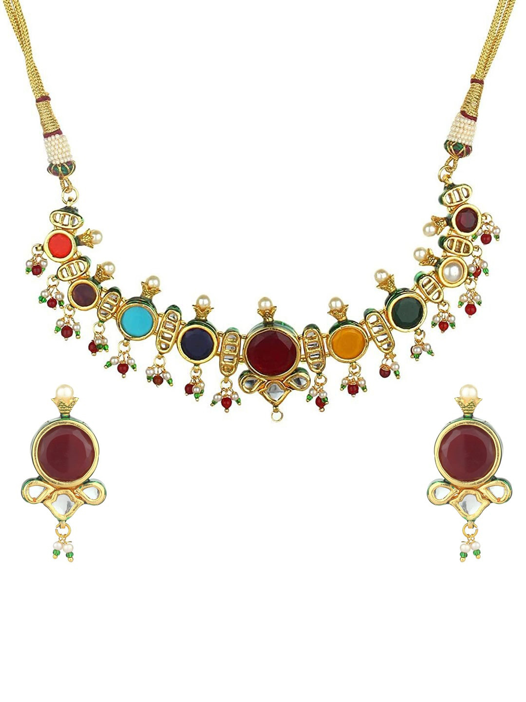 Runjhun Gold-Plated Maroon & White Semi-Precious Navratna & Kundan-Studded Jadau Jewellery Set