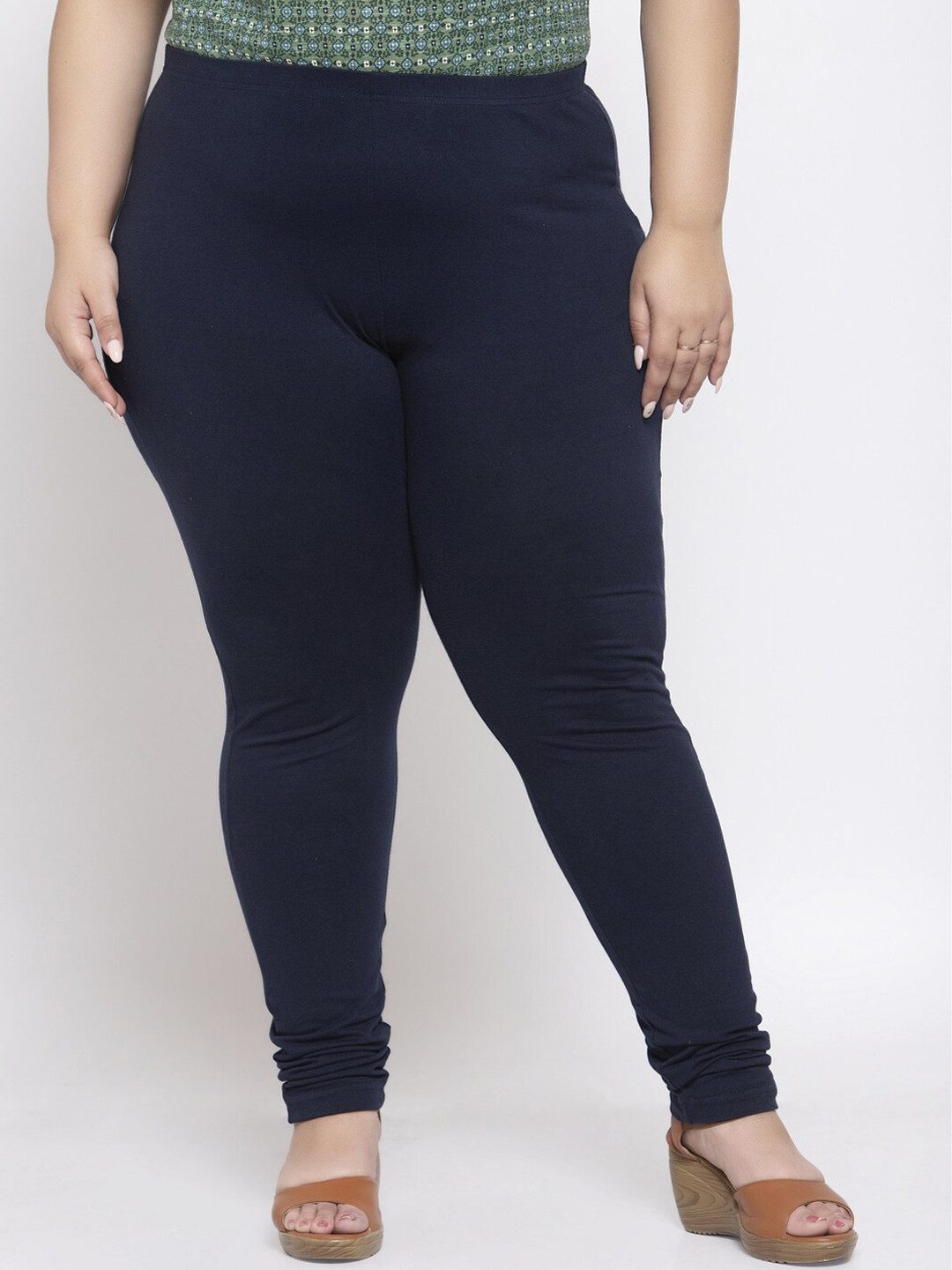 plusS Navy Blue Solid Plus Size Churidar-Length Leggings