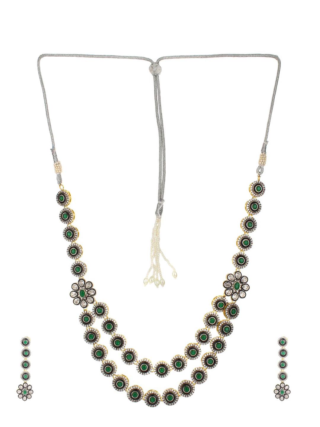 Runjhun Rhodium-Plated Gold-Toned Green & White CZ Studded Handcrafted Jewellery Set