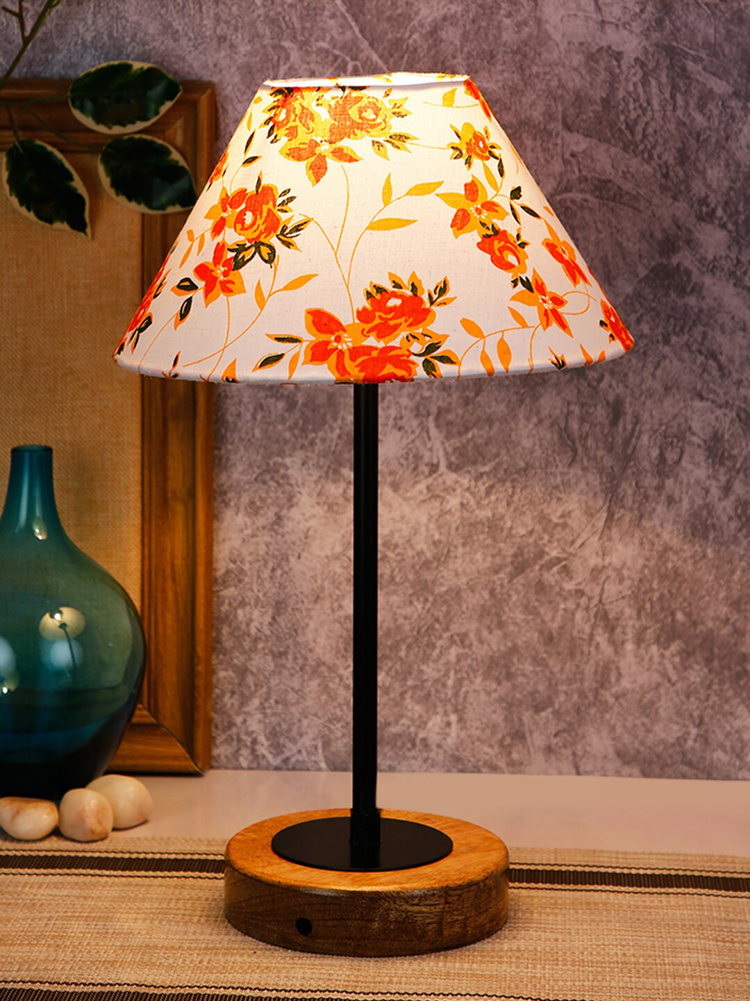 Devansh White & Orange Floral Printed Frustum Table Lamp