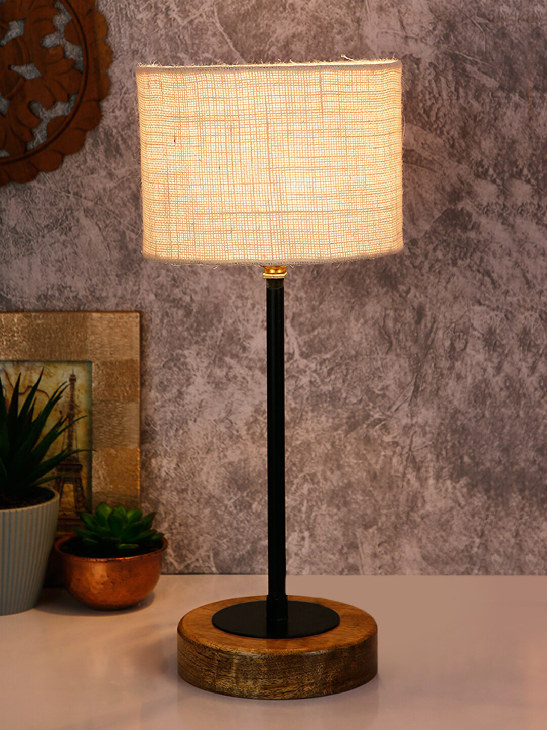 Devansh White & Black Self Design Traditional Buffet Table Lamp