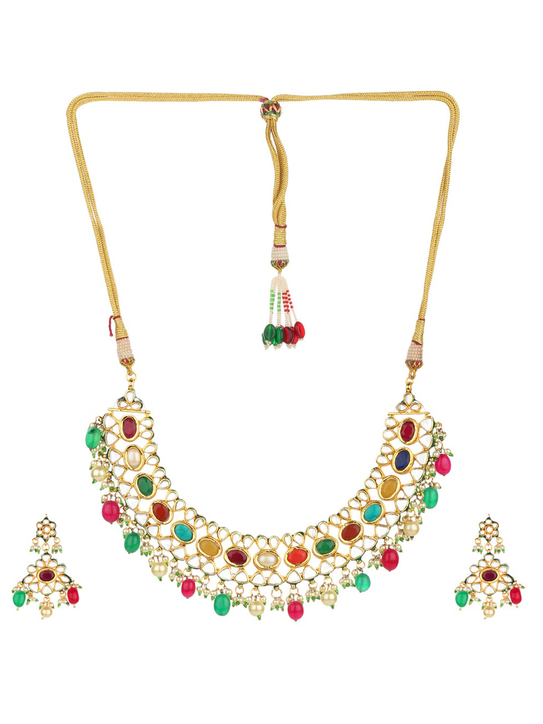 Runjhun Gold-Plated Red & Green Kundan- Studded Beaded Jadau Jewellery Set