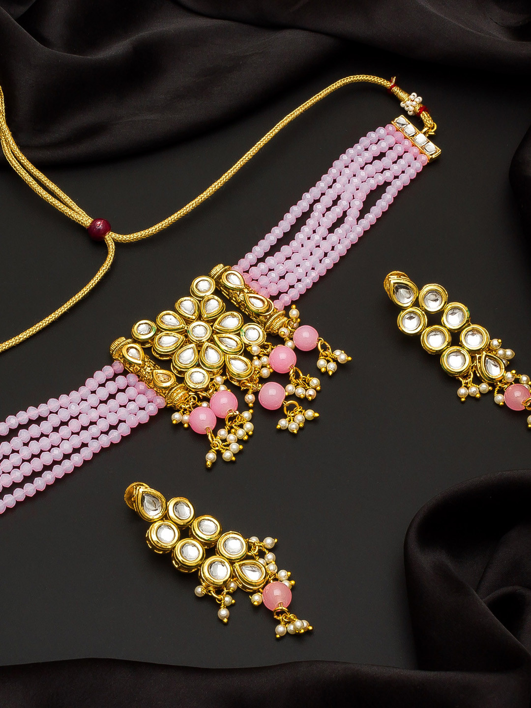 aadita Gold-Plated Purple & Pink Kundan & Stone-Studded Beaded Handcrafted Jewellery Set