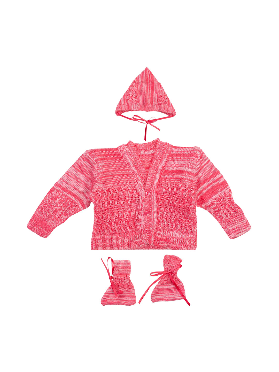 MeeMee Unisex Kids Pink Self Design Cotton Cardigan Sweater With Caps & Booties