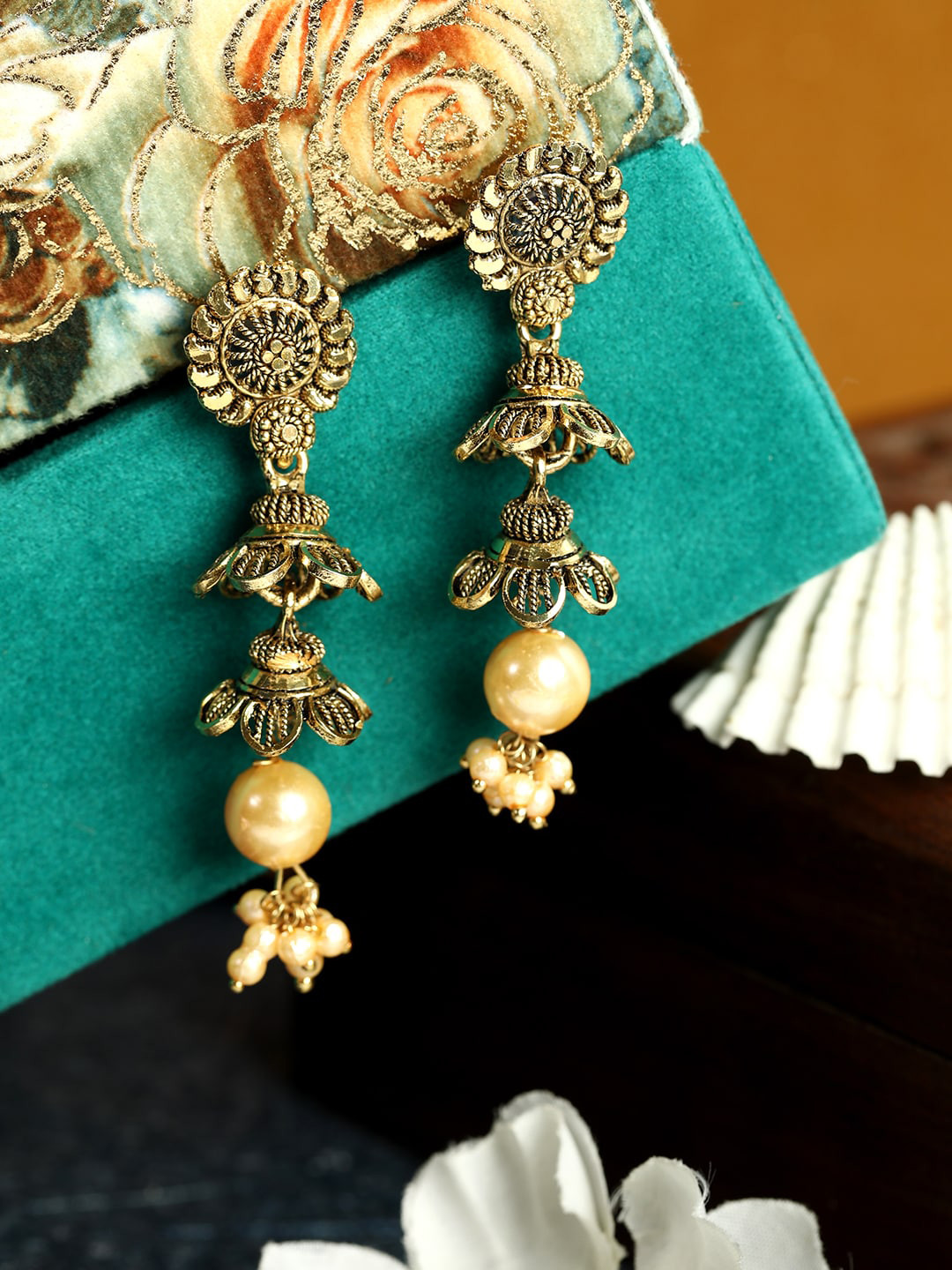 ANIKAS CREATION Gold-Plated Antique Dome Shaped Jhumkas