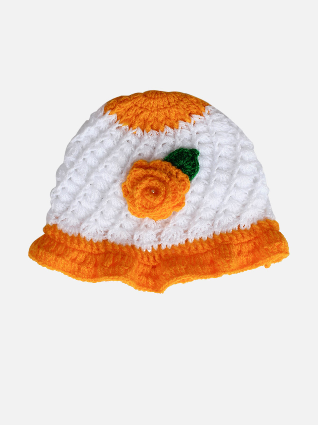 Woonie Unisex Kids White & Yellow Handmade Woolen Beanie