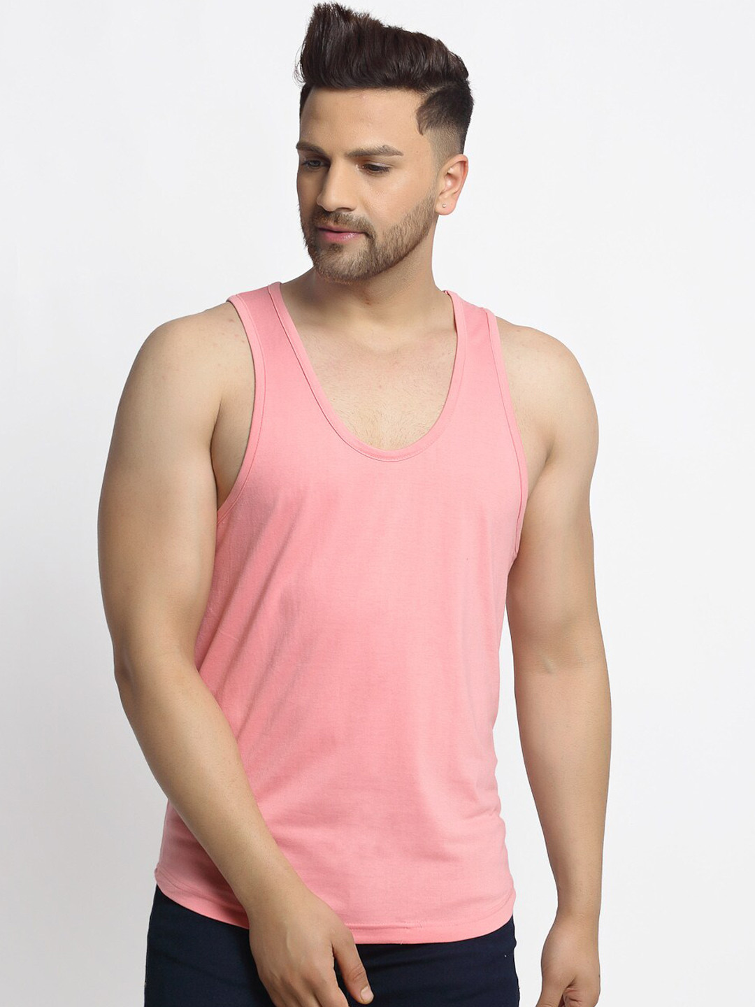 Friskers Men Coral Pink Solid Cotton Gym Vest
