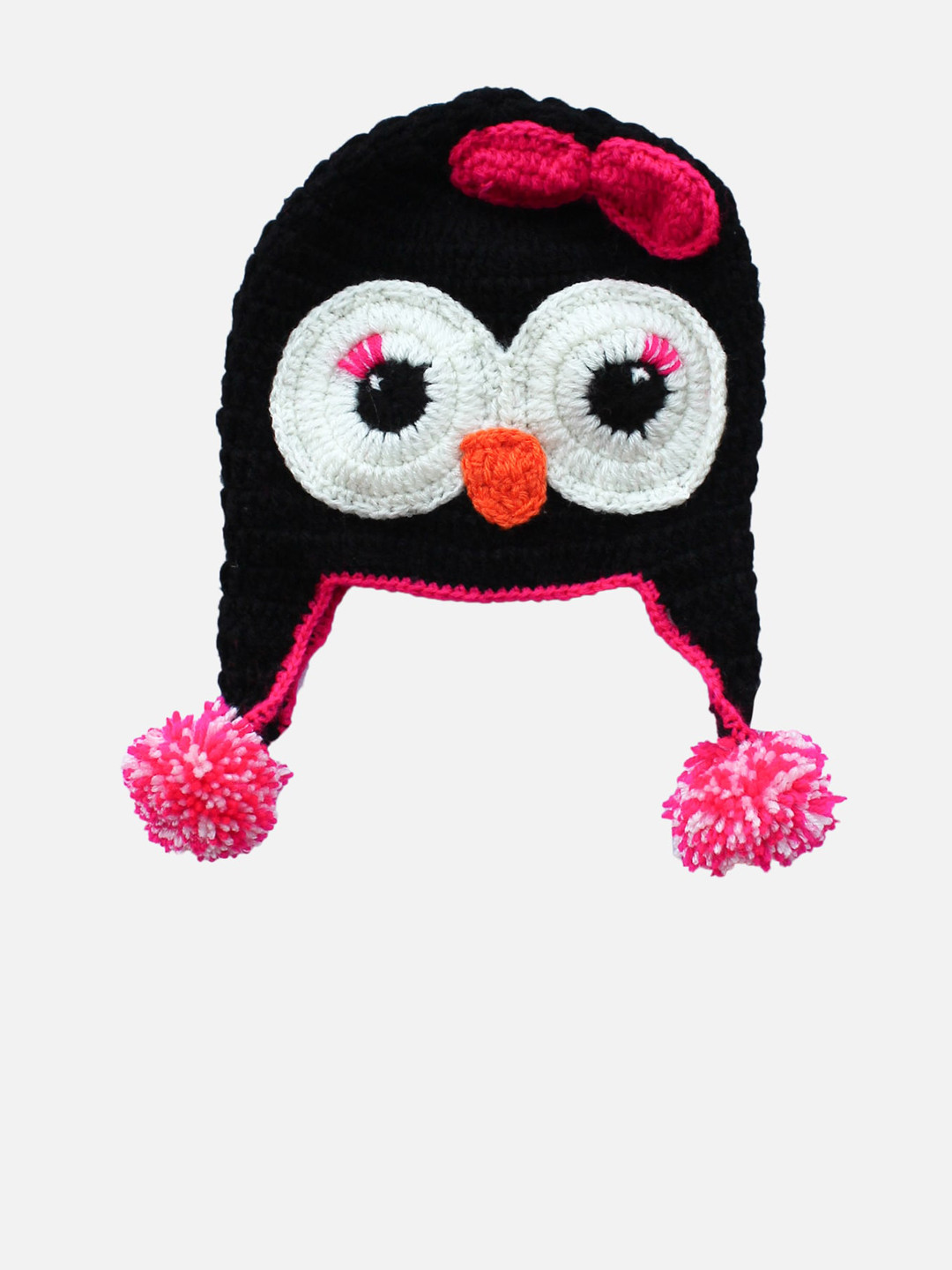 Woonie Unisex Kids Black & White Self Design Handmade Beanie