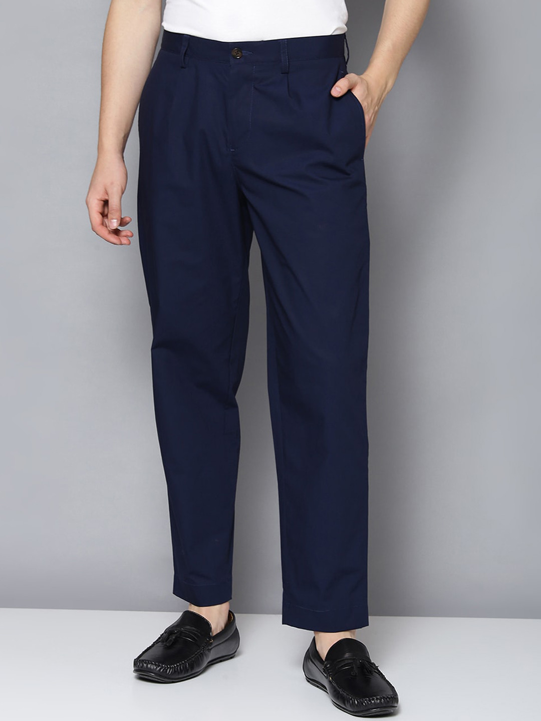 BEN SHERMAN Men Navy Blue Tapered Fit Solid Regular Trousers