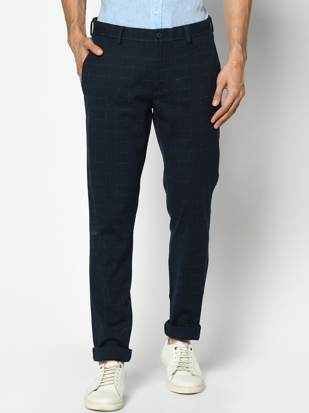 Blackberrys Men Navy Blue B-91 Slim Fit Checked Regular Trousers