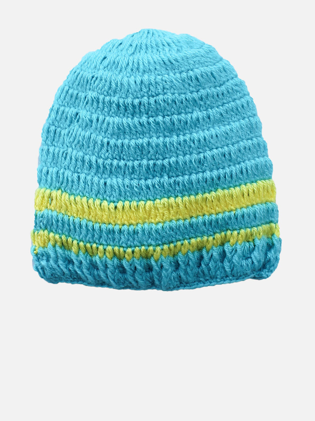 Woonie Unisex Kids Turquoise Blue & Lime Green Self Design Handmade Beanie