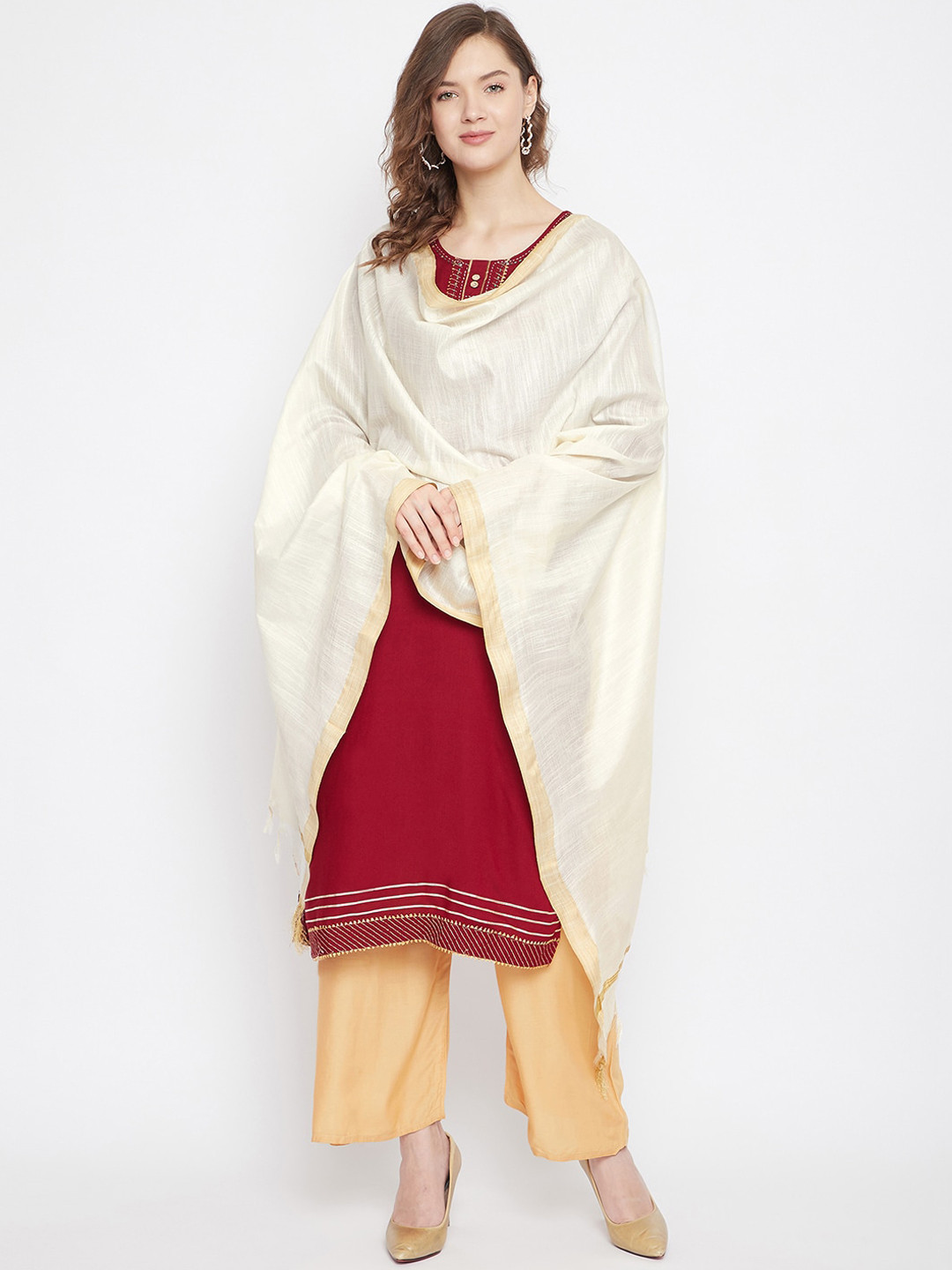 Clora Creation Cream-Coloured & Gold-Toned Solid Dupatta