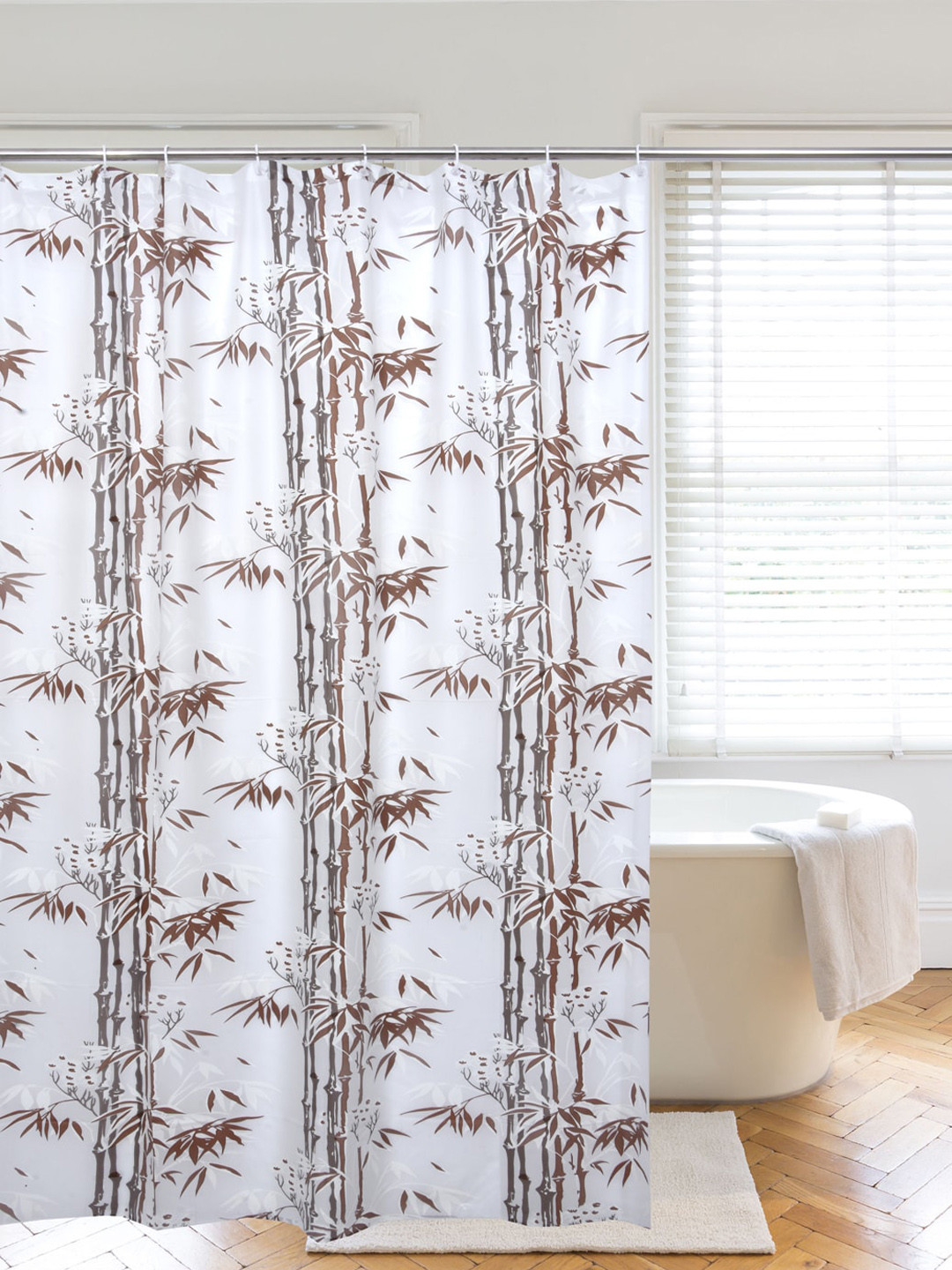 Clasiko White & Brown Printed Shower Curtains With Hooks