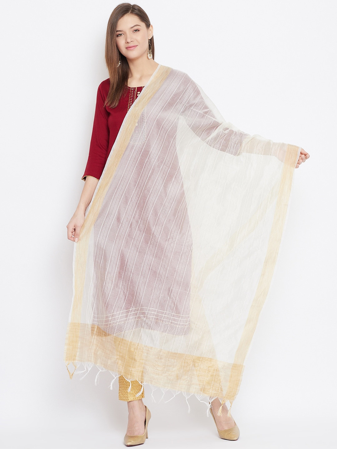 Clora Creation Cream-Coloured & Golden Striped Dupatta