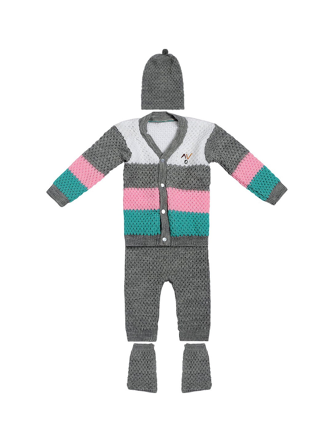 Superminis Unisex Kids Grey & Pink Self Design Woolen   Shirt with Pyjamas Cap & Booties