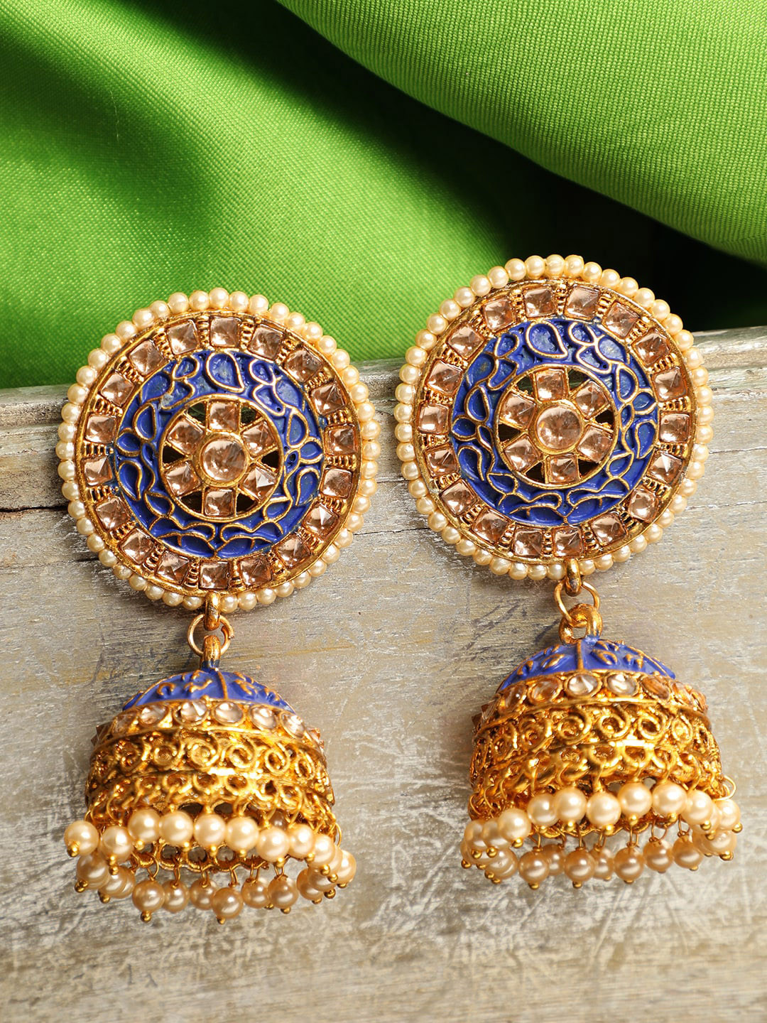 ANIKAS CREATION Gold-Plated & Blue Meenakari Pearl Studded Dome Shaped Jhumkas