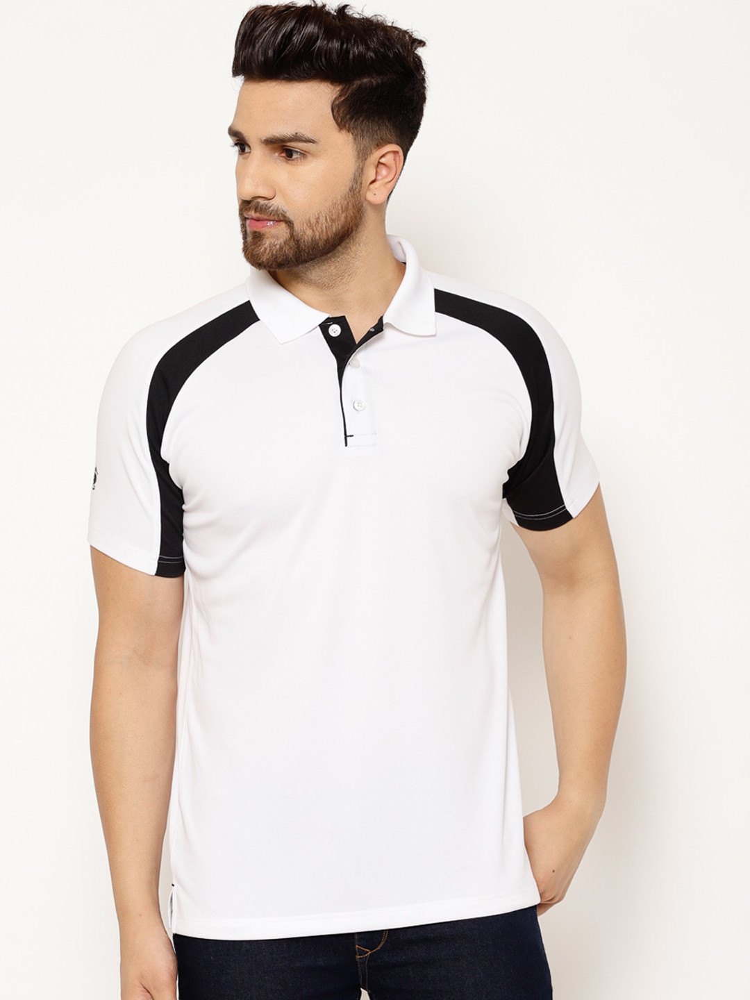 EPPE Men White & Black Colourblocked Polo Collar T-shirt