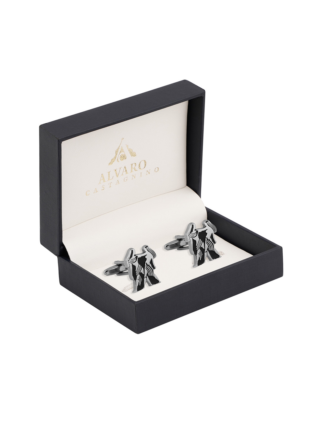 Alvaro Castagnino Silver-Toned & Black Zodiac Sign Cufflinks